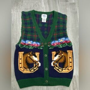 Vintage Miller Equestrian Sweater Vest navy blue green plaid embroidered horse S